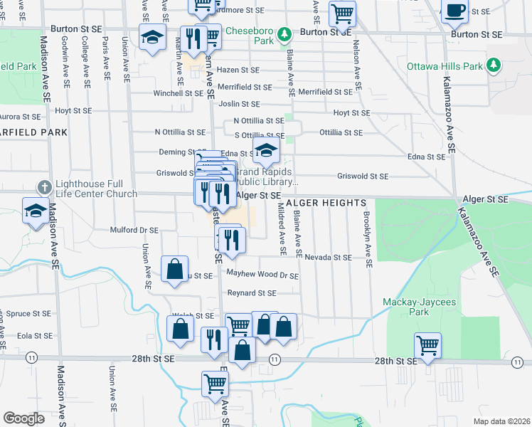 map of restaurants, bars, coffee shops, grocery stores, and more near Aleda Avenue Southeast in Grand Rapids