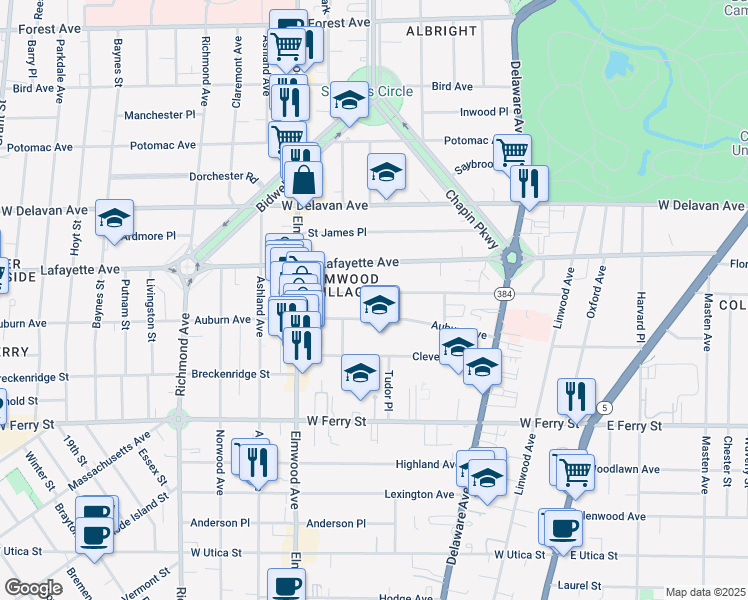 map of restaurants, bars, coffee shops, grocery stores, and more near 135 Lancaster Avenue in Buffalo