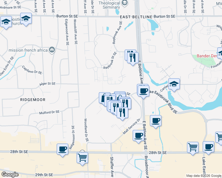 map of restaurants, bars, coffee shops, grocery stores, and more near 3215 Woodland Drive Southeast in Grand Rapids