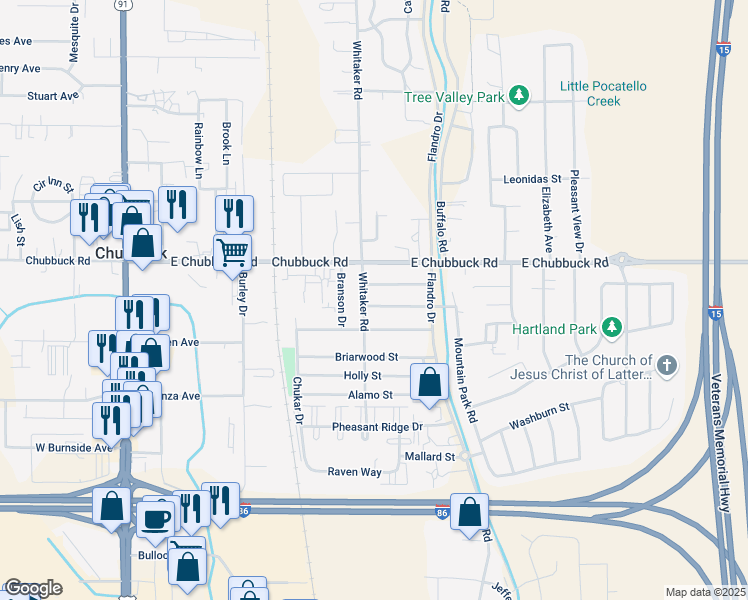 map of restaurants, bars, coffee shops, grocery stores, and more near 527 Albatross Drive in Pocatello