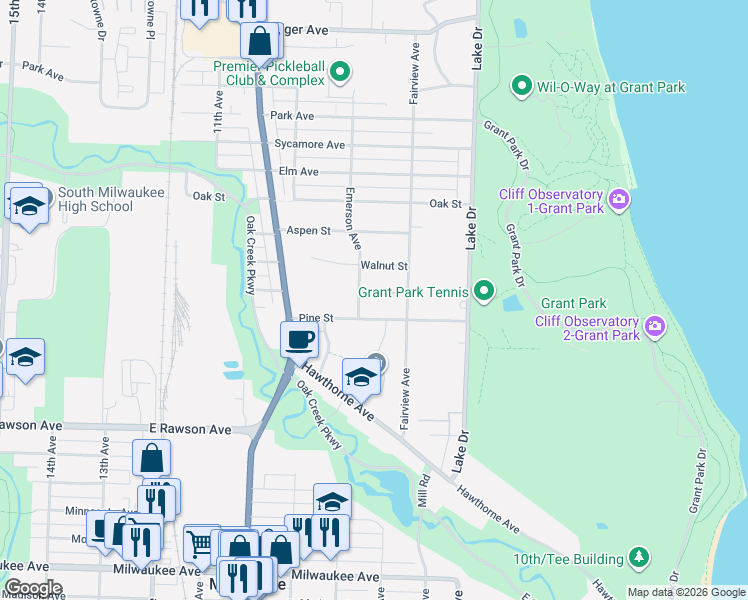 map of restaurants, bars, coffee shops, grocery stores, and more near 607 Cherry Street in South Milwaukee