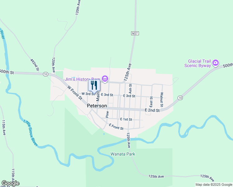 map of restaurants, bars, coffee shops, grocery stores, and more near 303 Park Street in Peterson