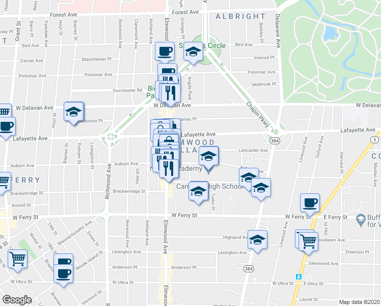 map of restaurants, bars, coffee shops, grocery stores, and more near 182 Lancaster Avenue in Buffalo