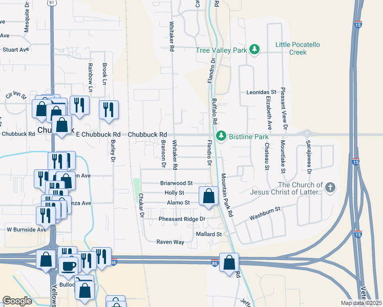 map of restaurants, bars, coffee shops, grocery stores, and more near 534 Bluebird Drive in Pocatello