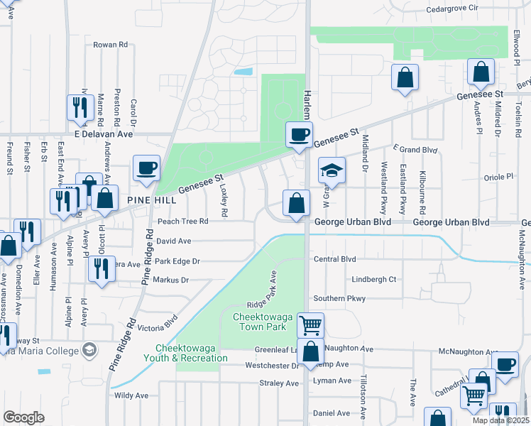 map of restaurants, bars, coffee shops, grocery stores, and more near 24 Kaufman Drive in Cheektowaga