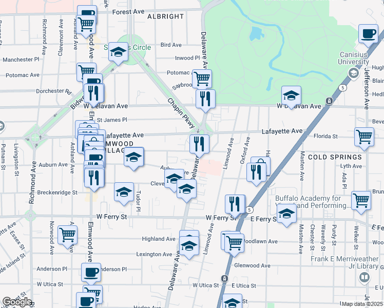 map of restaurants, bars, coffee shops, grocery stores, and more near 1296 Delaware Avenue in Buffalo