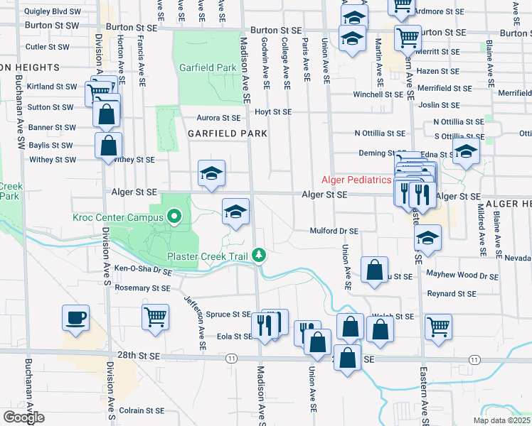 map of restaurants, bars, coffee shops, grocery stores, and more near 429 Mulford Drive Southeast in Grand Rapids