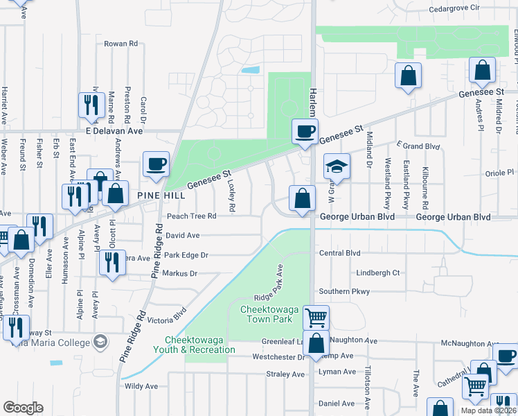 map of restaurants, bars, coffee shops, grocery stores, and more near 24 Kaufman Drive in Cheektowaga