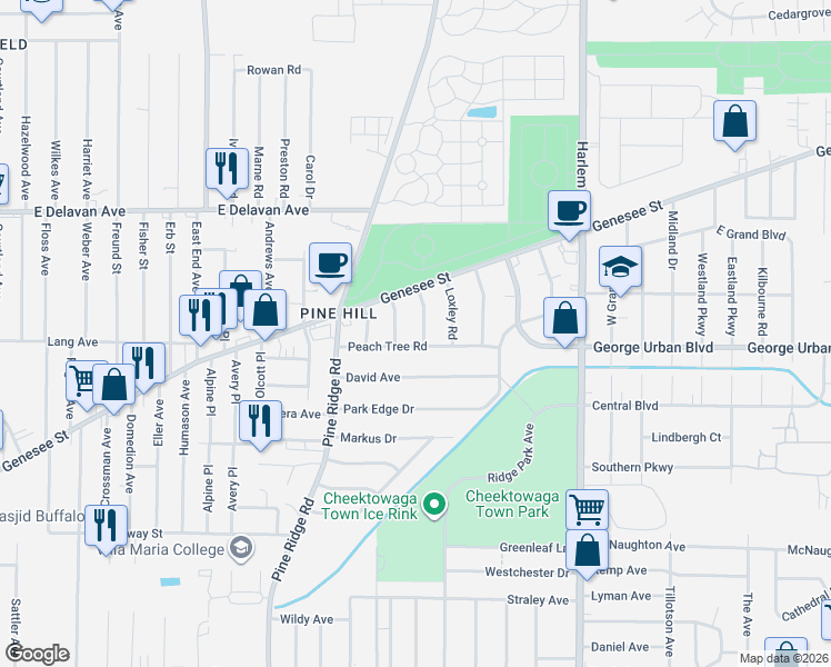 map of restaurants, bars, coffee shops, grocery stores, and more near 14 Winkler Road in Cheektowaga
