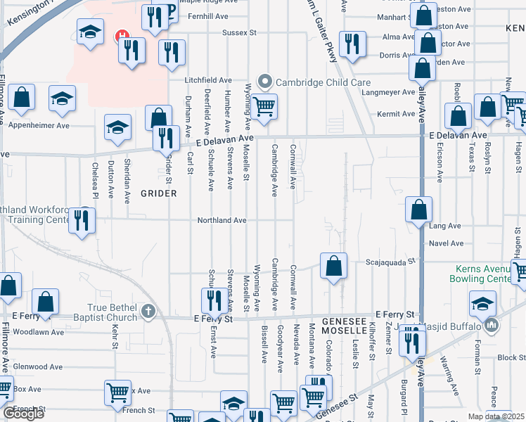 map of restaurants, bars, coffee shops, grocery stores, and more near 177 Wyoming Avenue in Buffalo