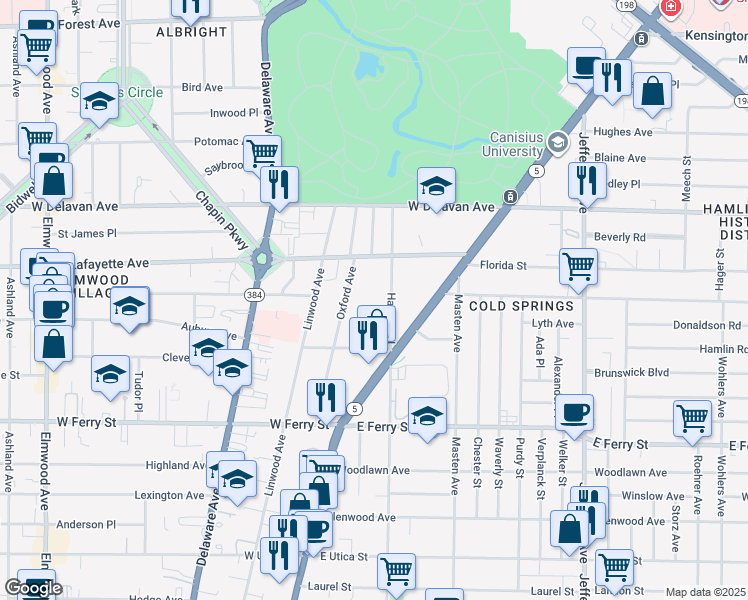 map of restaurants, bars, coffee shops, grocery stores, and more near 76 Harvard Place in Buffalo