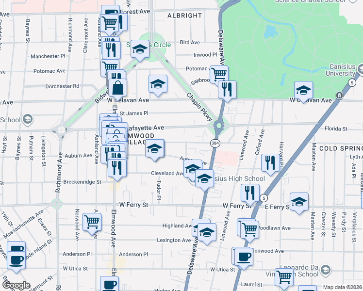 map of restaurants, bars, coffee shops, grocery stores, and more near 87 Lancaster Avenue in Buffalo