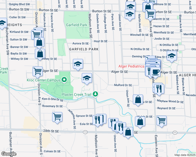 map of restaurants, bars, coffee shops, grocery stores, and more near 429 Mulford Drive Southeast in Grand Rapids