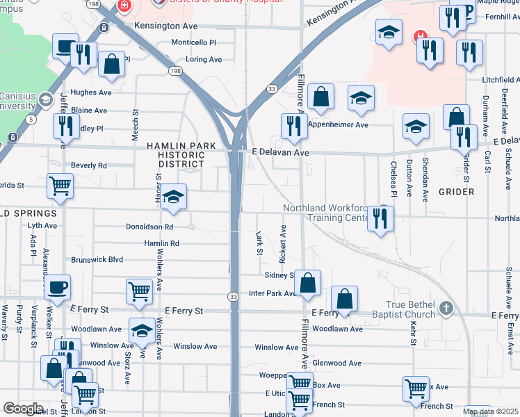 map of restaurants, bars, coffee shops, grocery stores, and more near 478 Northland Avenue in Buffalo