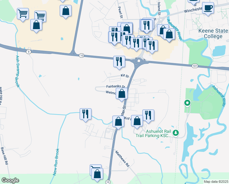 map of restaurants, bars, coffee shops, grocery stores, and more near 17 Wetmore Street in Keene
