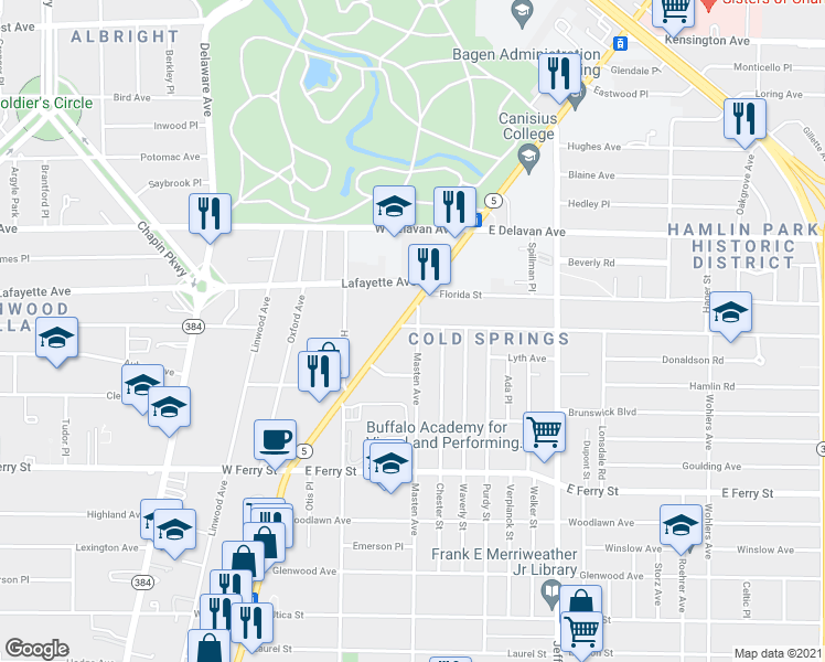 map of restaurants, bars, coffee shops, grocery stores, and more near 15 Northland Avenue in Buffalo