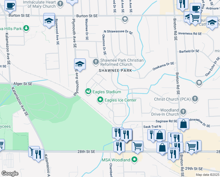 map of restaurants, bars, coffee shops, grocery stores, and more near 2427 Cranden Drive Southeast in Grand Rapids