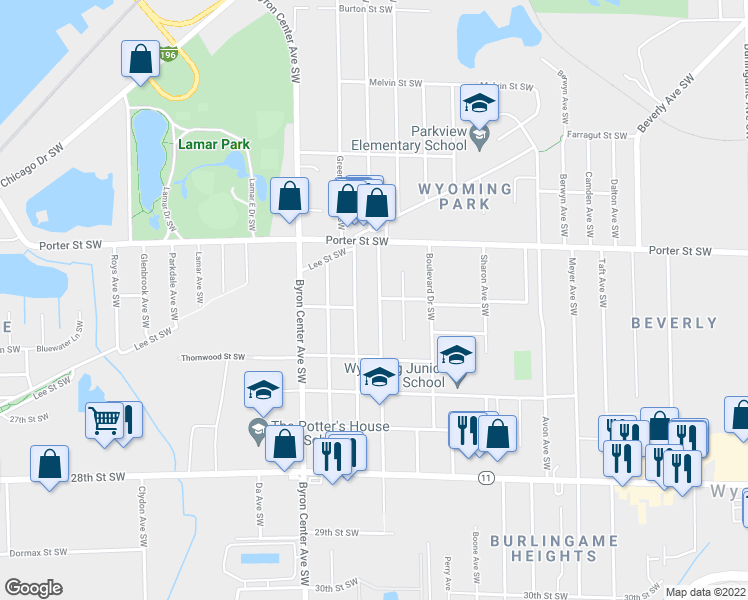 map of restaurants, bars, coffee shops, grocery stores, and more near 2461 Wyoming Avenue Southwest in Wyoming