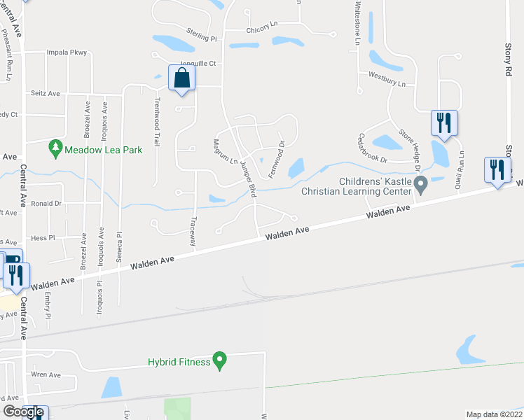 map of restaurants, bars, coffee shops, grocery stores, and more near 3830 Walden Avenue in Lancaster