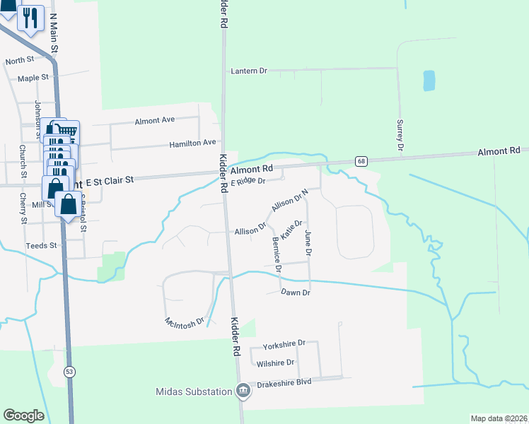 map of restaurants, bars, coffee shops, grocery stores, and more near 7845 Allison Drive North in Almont