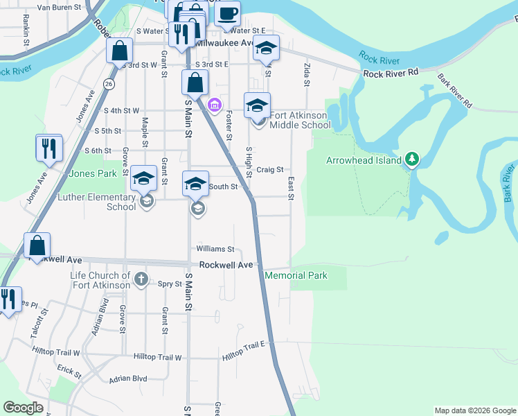 map of restaurants, bars, coffee shops, grocery stores, and more near 711 County Road K in Fort Atkinson