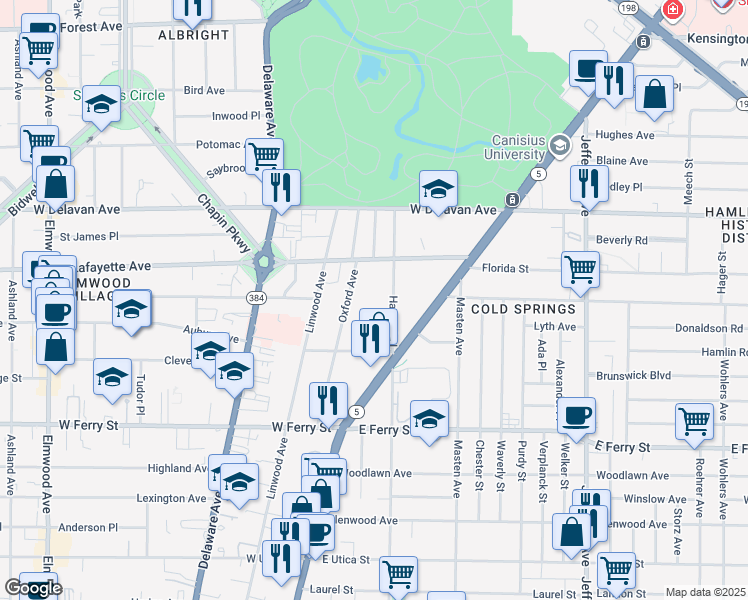 map of restaurants, bars, coffee shops, grocery stores, and more near 70 Harvard Place in Buffalo