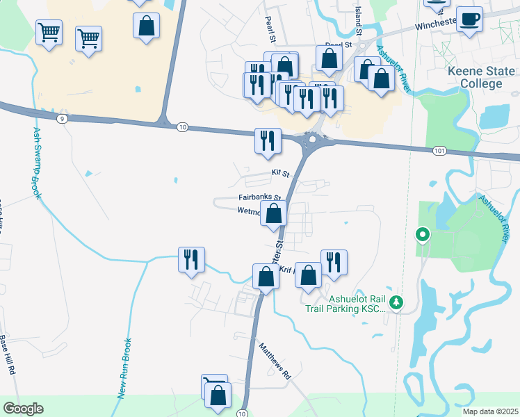 map of restaurants, bars, coffee shops, grocery stores, and more near 17 Wetmore Street in Keene