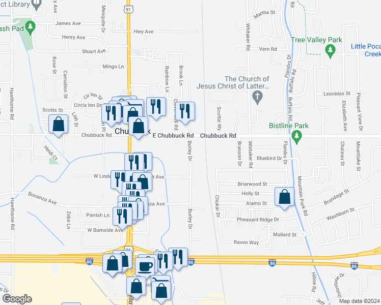 map of restaurants, bars, coffee shops, grocery stores, and more near 4750 Burley Drive in Pocatello