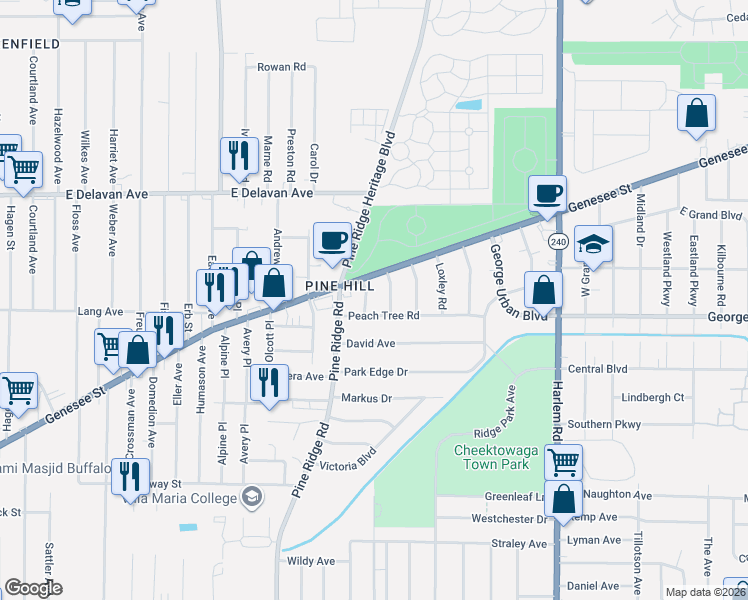 map of restaurants, bars, coffee shops, grocery stores, and more near 14 Rowland Avenue in Buffalo