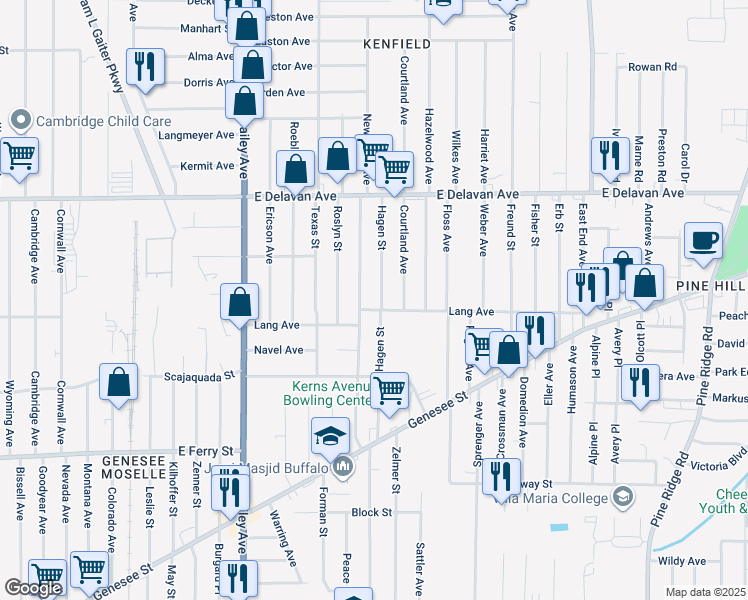 map of restaurants, bars, coffee shops, grocery stores, and more near 175 Newburgh Avenue in Buffalo