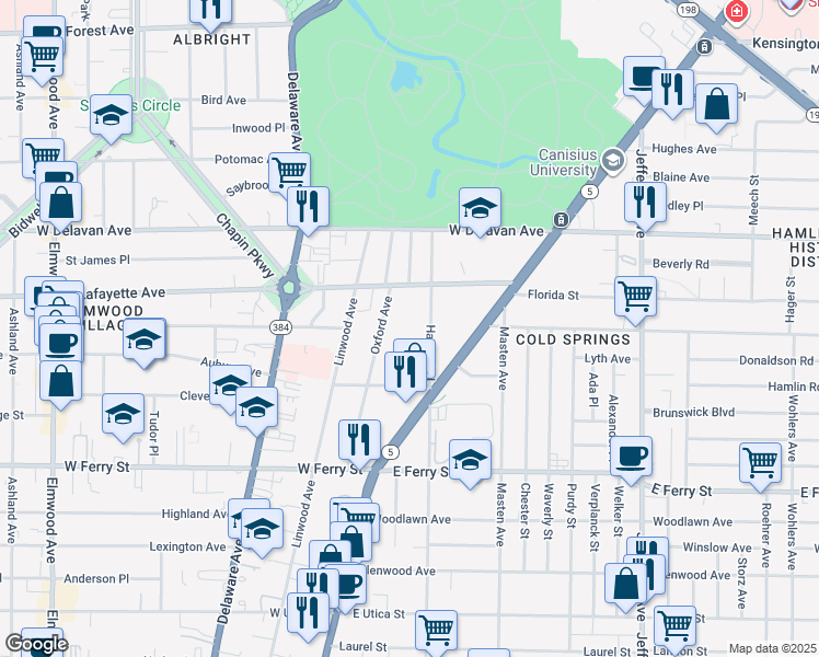 map of restaurants, bars, coffee shops, grocery stores, and more near 76 Harvard Place in Buffalo
