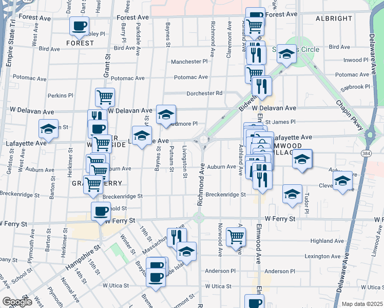 map of restaurants, bars, coffee shops, grocery stores, and more near 626 Richmond Avenue in Buffalo