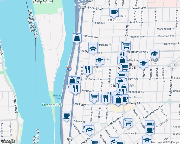 map of restaurants, bars, coffee shops, grocery stores, and more near 1076 West Avenue in Buffalo