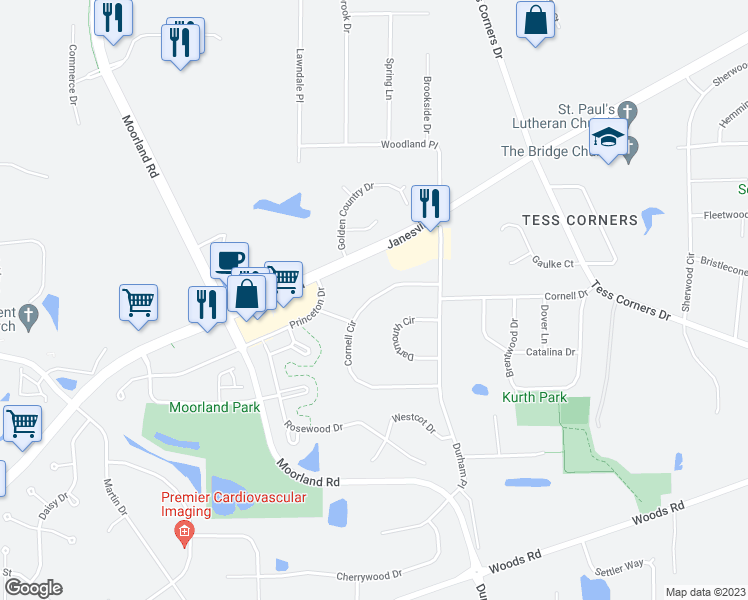 map of restaurants, bars, coffee shops, grocery stores, and more near Cornell Circle in Muskego