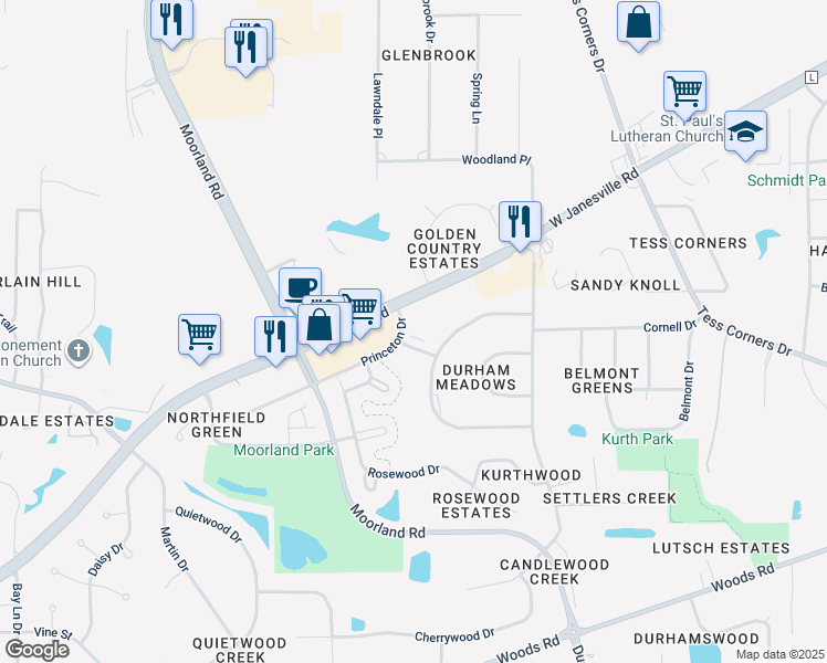 map of restaurants, bars, coffee shops, grocery stores, and more near Princeton Dr in Muskego