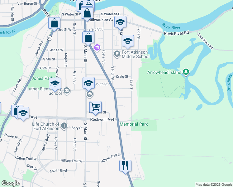 map of restaurants, bars, coffee shops, grocery stores, and more near 711 County Road K in Fort Atkinson