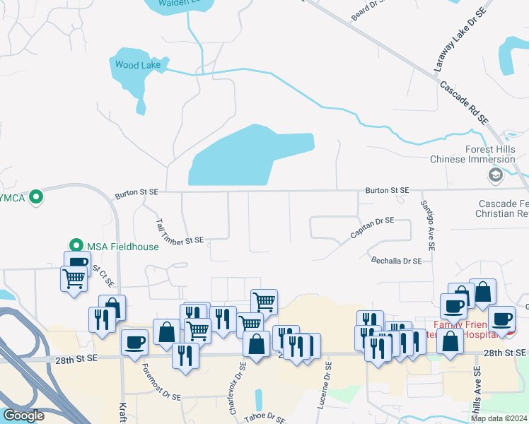 map of restaurants, bars, coffee shops, grocery stores, and more near 5960 Burton Street Southeast in Grand Rapids
