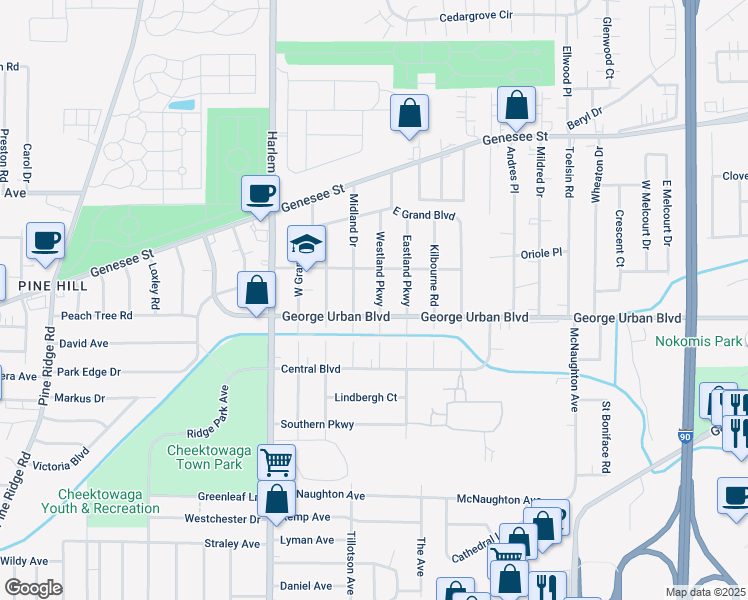 map of restaurants, bars, coffee shops, grocery stores, and more near 76 Westland Parkway in Cheektowaga
