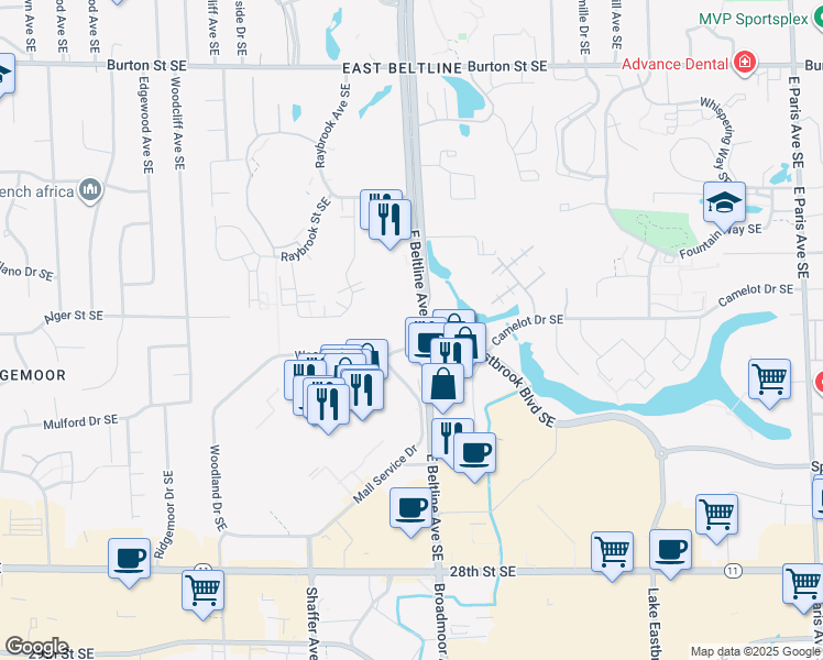 map of restaurants, bars, coffee shops, grocery stores, and more near 2409 East Beltline Avenue Southeast in Grand Rapids
