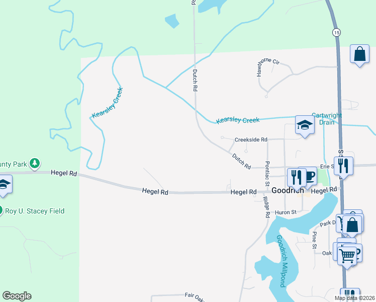 map of restaurants, bars, coffee shops, grocery stores, and more near 7400 Dutch Road in Goodrich