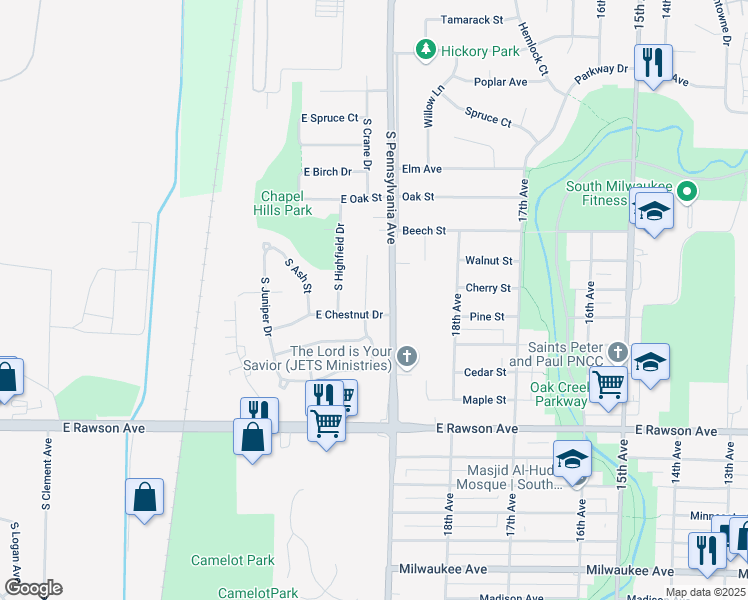 map of restaurants, bars, coffee shops, grocery stores, and more near 6860 South Crane Drive in Oak Creek