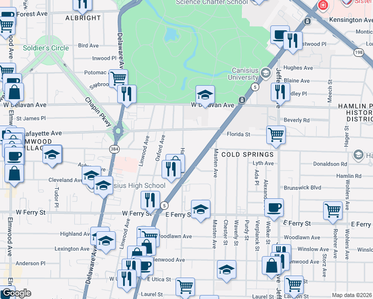 map of restaurants, bars, coffee shops, grocery stores, and more near 67 Harvard Place in Buffalo