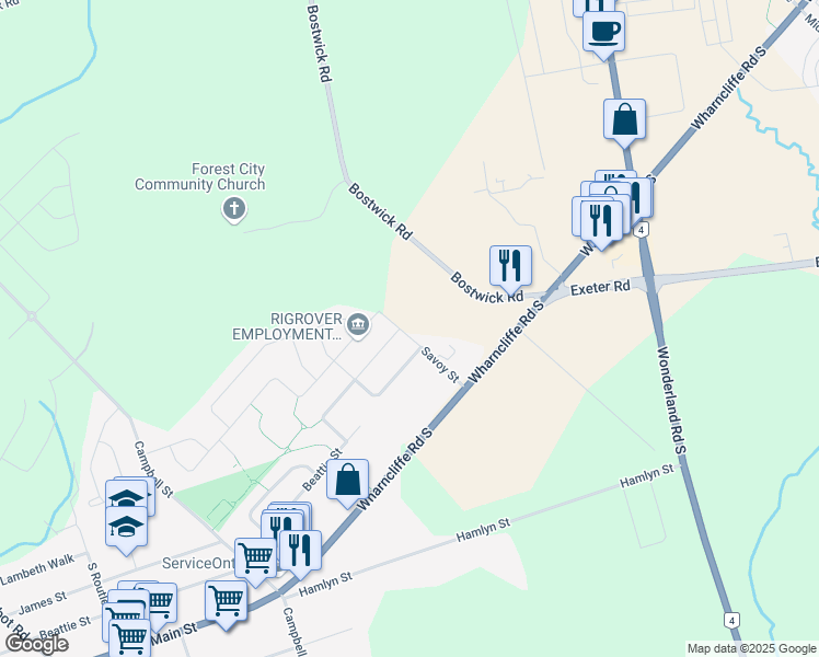 map of restaurants, bars, coffee shops, grocery stores, and more near 3900 Savoy Street in London