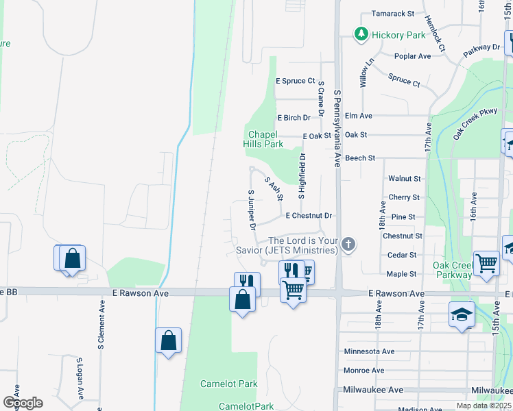 map of restaurants, bars, coffee shops, grocery stores, and more near 6848 South Juniper Drive in Oak Creek