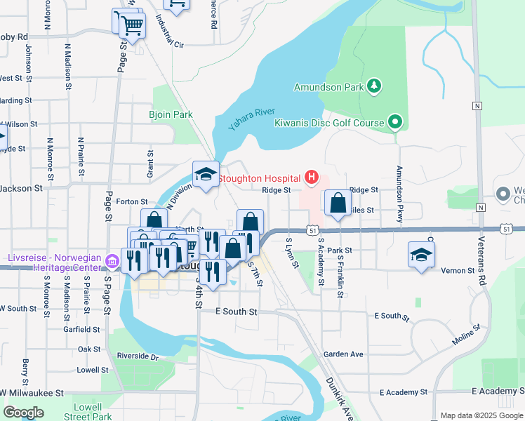 map of restaurants, bars, coffee shops, grocery stores, and more near 132 Hillside Ave in Stoughton