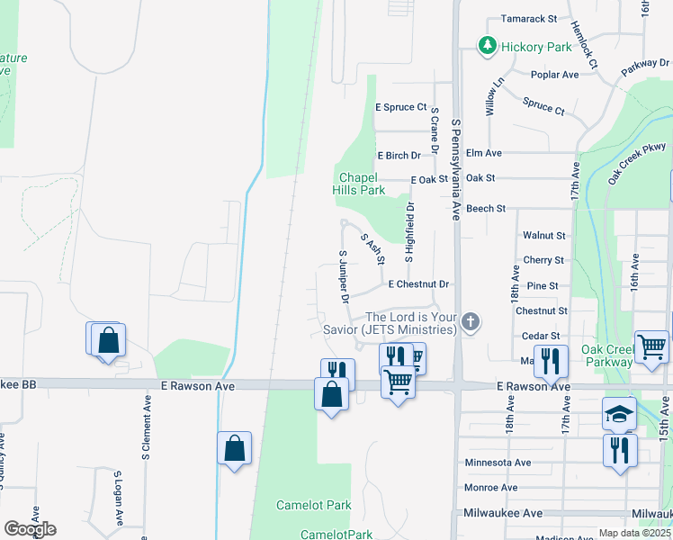 map of restaurants, bars, coffee shops, grocery stores, and more near 6848 South Juniper Drive in Oak Creek