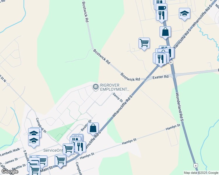 map of restaurants, bars, coffee shops, grocery stores, and more near 3900 Savoy Street in London