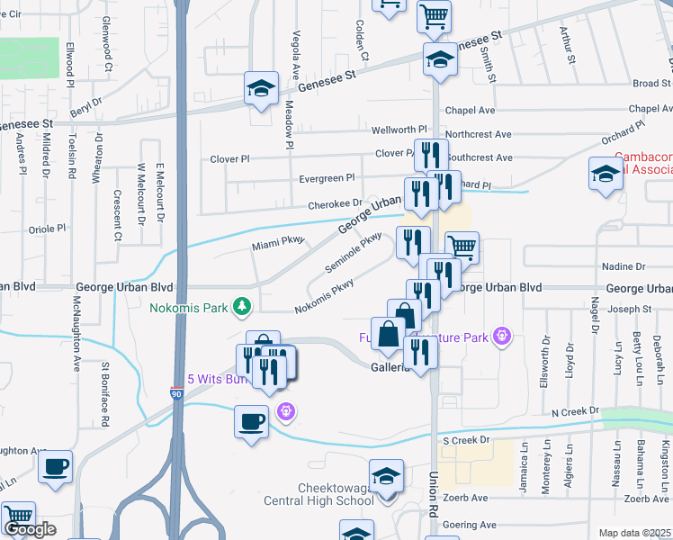map of restaurants, bars, coffee shops, grocery stores, and more near 65 Seminole Parkway in Cheektowaga