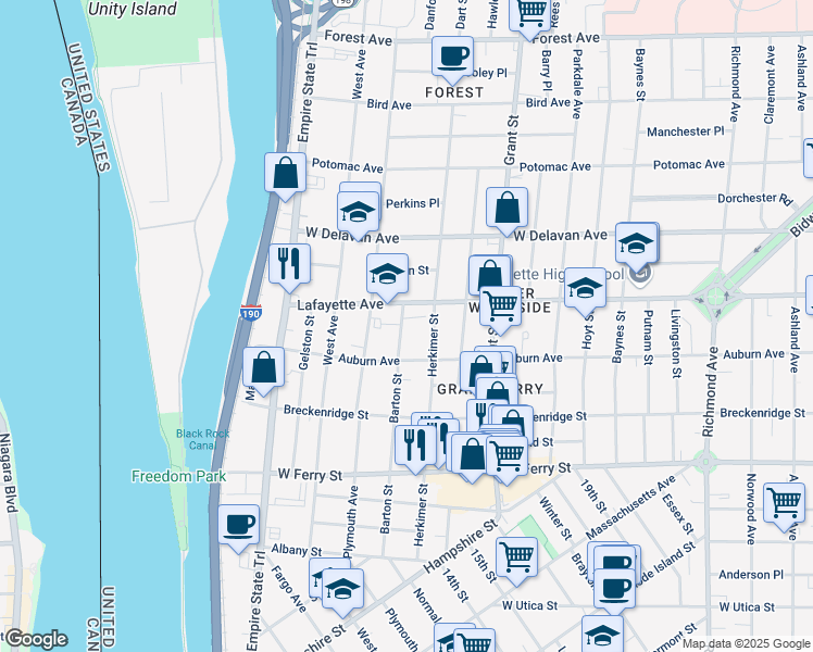 map of restaurants, bars, coffee shops, grocery stores, and more near 245 Barton Street in Buffalo