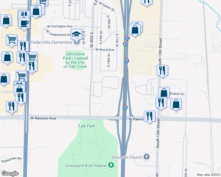 map of restaurants, bars, coffee shops, grocery stores, and more near 6935 South Timber Ridge Lane in Oak Creek
